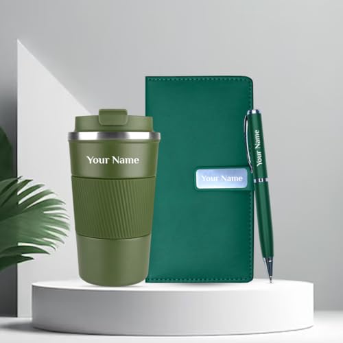 Image of Giftana Personalized Diary with Pen, Coffee Tumbler with Name, 3 in 1 Diary, Pen, Tumbler, Personalized Gifts for Husband Birthday, New Year Corporate Gifts for Employee (Green)
