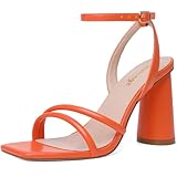 RIBONGZ Orange Strappy High Heels for Women Heeled Sandals Square Open Toe Ankle Strap Chunky Wedding Bridal Prom Shoes Block High Heels for Party Dress 8