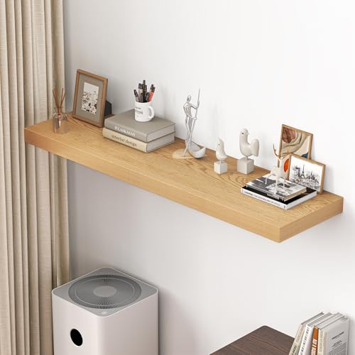 Image of Dreamland 55 inch Floating Shelves for Wall, 12 inch Deep Thicker Oak Floating Shelves, Wall-Mounted Shelves for Bedroom, Living Room, Kitchen, Bathroom - Set of 1