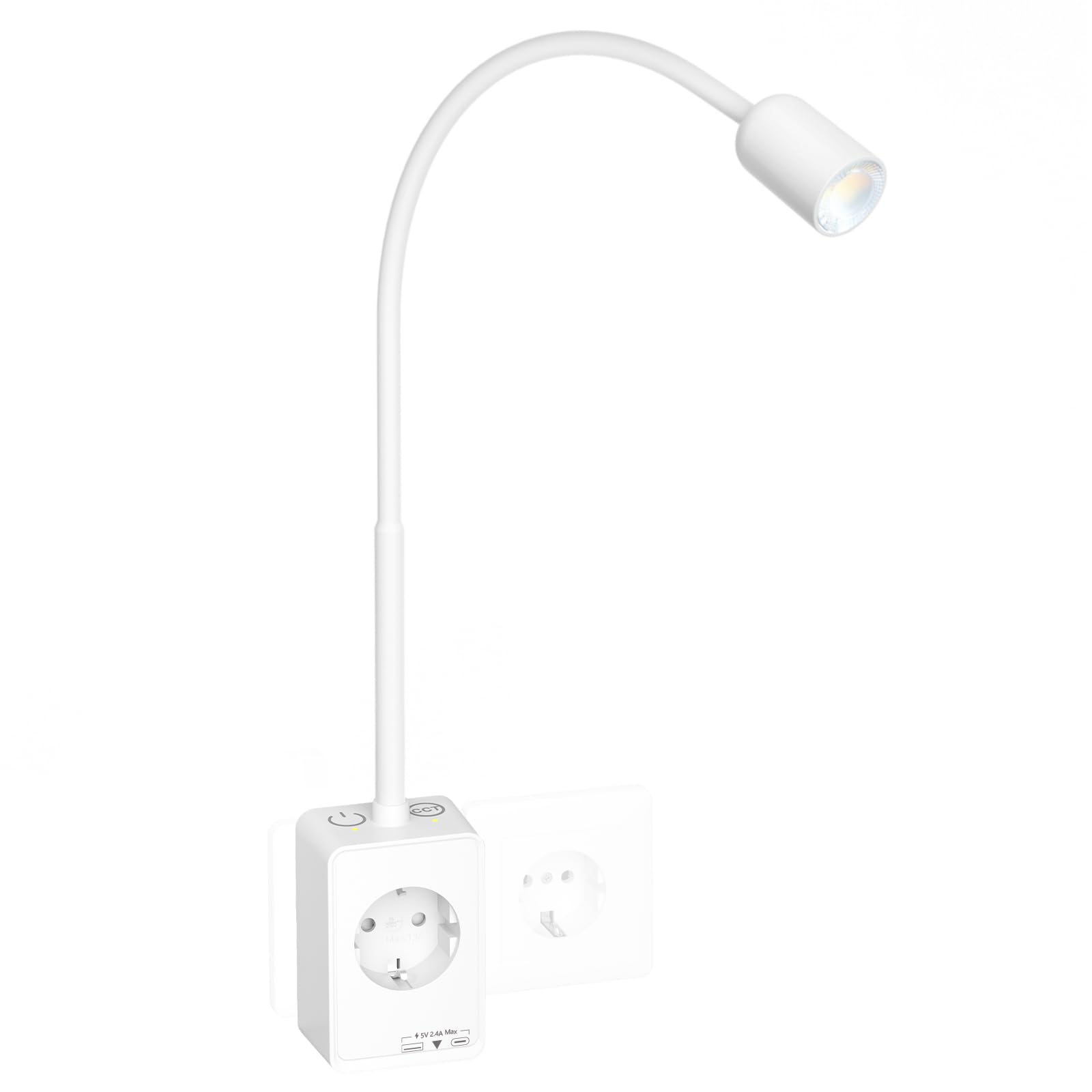Lampara de Lectura Foco LED Regulable con Enchufe y Toma de Corriente, Blanca Aplique Mesita de Noche Pared para Dormitorio, Dos Interruptores Táctiles, 3 Modos de Color, Salida USB