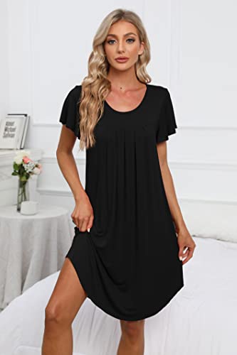 Bestshow Pleated Nightgown Soft Nightshirt Sleep Pajama Dress Short Sleepshirt Loungewear Sleepwear Black #TOP2