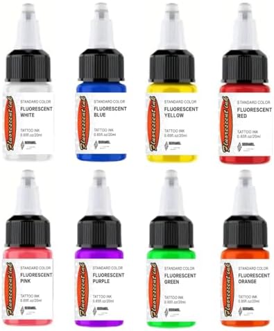 UV Fluorescent Tattoo Ink Set, 8 Colors, 0.65fl oz Bottles, Black...