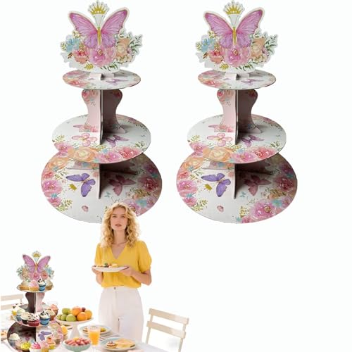 2PCS 3 Tier Butterfly Cupcake Stand,Suitable for Butterfly Themes – Easy to Assemble& Reusable(4Butterfly)