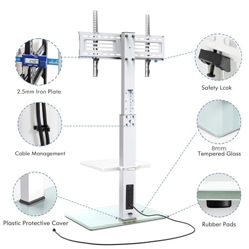 FITUEYES Floor TV Stand for 32-75 inch TV with Power Outlet, Tall TV Stand for Bedroom Living Room with Tempered Glass Base, Floor TV Mount Holds Up to 88lbs MAX VESA 600x400mm,White - Thumbnail 5