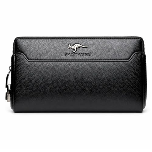 Leder Handgelenktasche Herren, Codeschloss Handtasche Herren, Schwarz