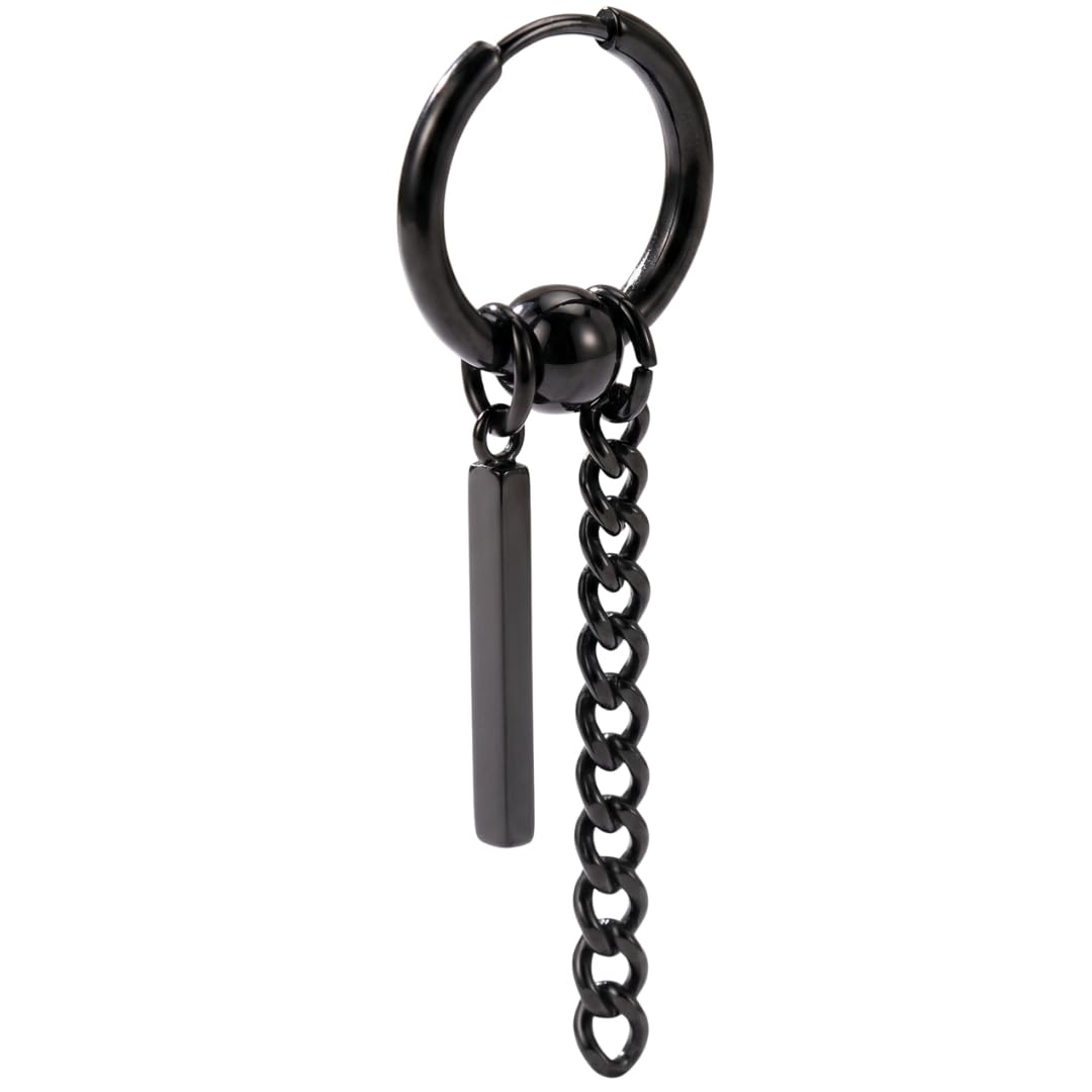 the men thing CHAIN AND BAR HUGGIE HOOP BLACK - Pure Titanium Steel Ear Hoop Earrings for Men & Boys-picture-18