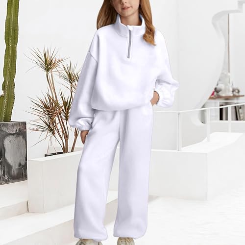 Girls Half Zipper Sweatshirts Set Plain Fleece 2 Piece Baggy Sweatpants Pullover Tops Sweatsuits (White, 11-12 Years)3