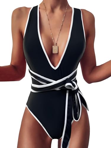 Lilosy Sexy Tie Criss Cross Plunge One Piece Thong Swimsuit High Cut Brazilian Bathing Suit Lace Up Neck Backless Waisted Low Leg Rise Cheeky Bikini Women Back Monokini Black White Medium