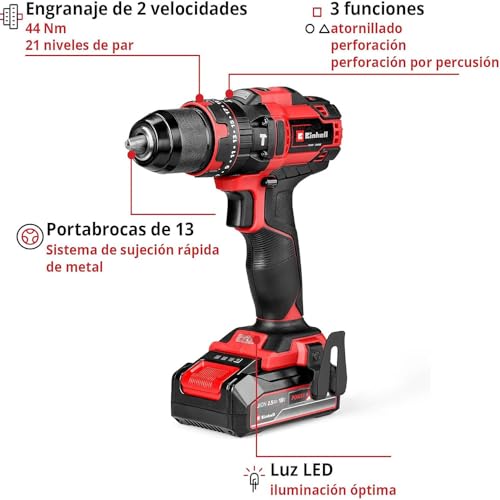 Einhell Taladro percutor con batería TE-CD 18/44 Li-i Power X-Change (18V, 44 Nm, función de perforación por percusión, portabrocas metálico de 13 mm, 2 velocidades, incl. batería de 2,5 Ah y batería) - imagen 3