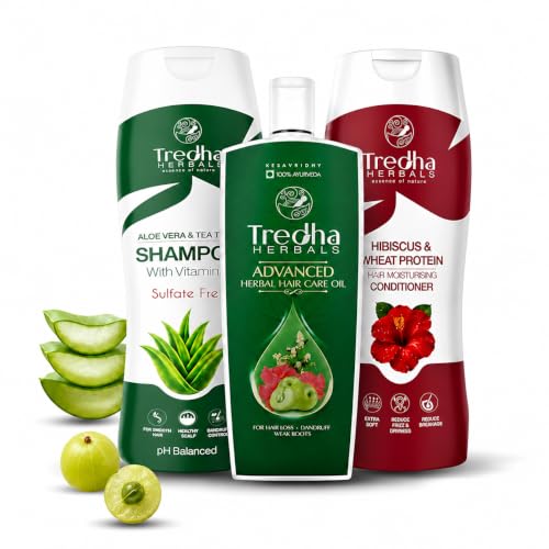 Image of Tredha Herbal Hair Care Kit | Hair Oil 100ml + Aloe Vera & Tea Tree Anti-Dandruff Shampoo 100ml + Hibiscus Conditioner 100ml | Hair Growth & Anti Hair Fall | Frizz Control for Men & Women