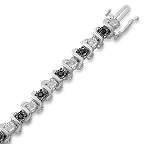 Jewelili Sterling Silver 1 Cttw Treated Black And Natural White Round Diamond Tennis Bracelet, 7.25" #TOP1