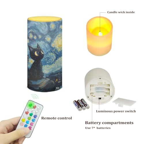 Image of Poceacles Black Cat Starry Night Flameless LED Candle Battery Powered Votive Lights Realistic Pillar Candle Decorative Tea Lights for Home Party Indoor Outdoor Decor