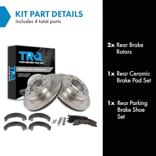 Image of TRQ Rear Brake Pad and Rotor Set Ceramic Parking Brake Shoes Compatible with 2012-2019 Nissan NV1500 NV2500 NV3500