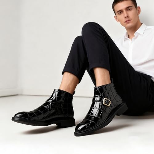 Image of Chelsea Boots for Men's Leather Print Monk Buckle Slip On Dress Boots with Side Zipper Fashion Pointed Toe Buckle Strap Classic Business Chukka Boots for Casual Work Party Oxford Booties