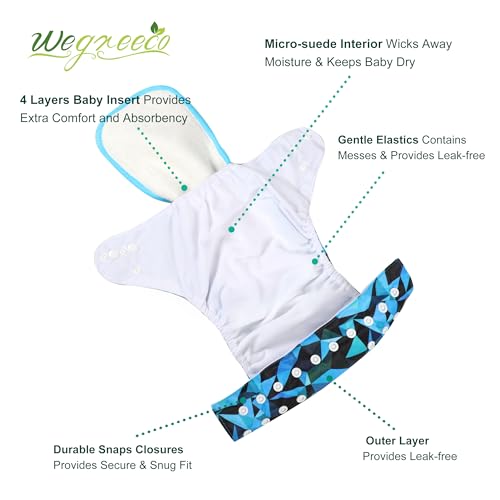 Image of Wegreeco Cloth Diapers 6 Pack with Inserts & Wet Bag, Washable Reusable Diapers for Babies, One Size Adjustable (Abstract Geometrical)