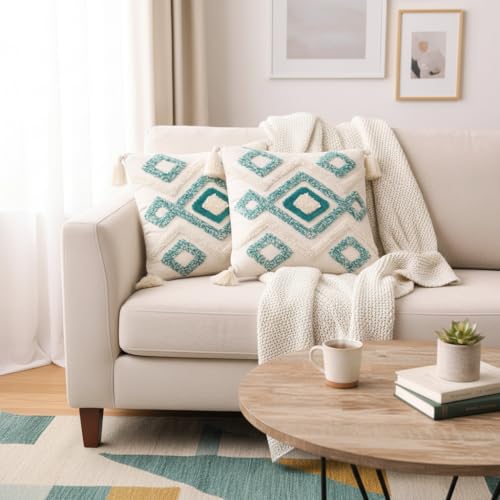 Image of RRC Boho Throw Pillows 16x16 Inch Set of 2 - Soft Mid Century Modern Decorative Pillow Covers, Aesthetic Cushion Cases for Couch, Sofa, Bed & Bedroom Decor (SkyBlue, 16X16(Inches))