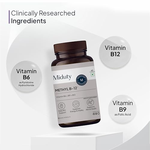 Image of Miduty Vitamin B12 Supplement - Bioactive B-Complex with B6, B9, B12 - Daily Energy Support - Triple Formula for Mood, Brain & Nerve Support - Fast Absorbing Chewable - 60 Veg Tablets