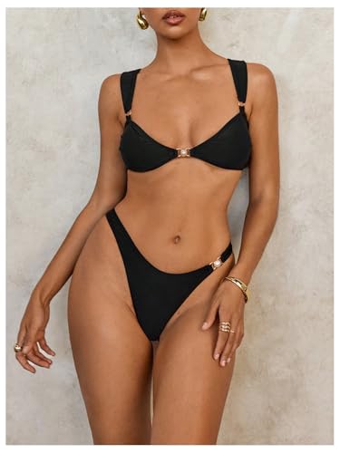Women's 2 Piece High Cut Bikini Set Beaded Ring Linked Triangle Wireless Bathing Suit Swimsuit3