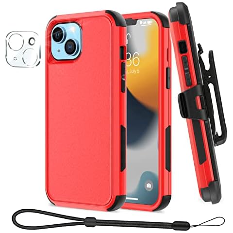 Unitedtime Case with Belt-Clip Holster for iPhone 13, Drop Protection Rugged Shockproof/Dust Proof Military Protective Tough Durable Phone Cover Heavy Duty (Red) Cover