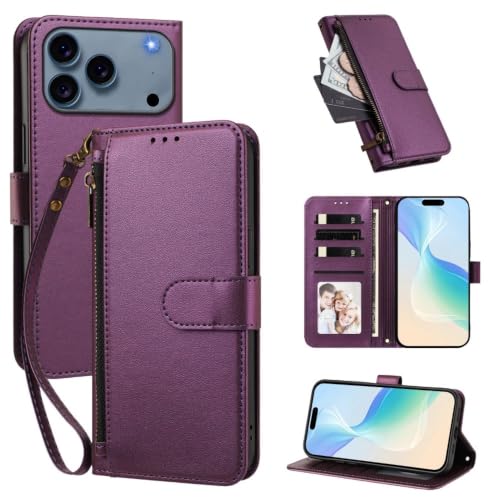 Étui à rabat en cuir avec fermeture éclair pour iPhone 16 Plus