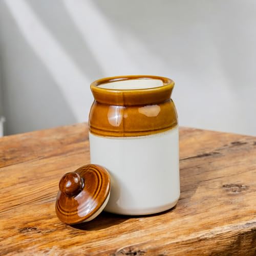 Image of Ceramic Achaar Jar Set 1kg x 2 | 1000ml Martban Pickle Container for Achar, Chutney & Sauces | Durable Brown Ceramic Jar Set Pack of 2