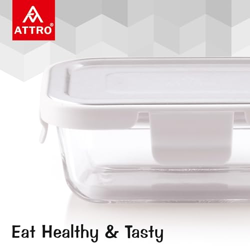 Image of ATTRO Glassox Borosilicate Rectangular Glass Lunch Box with Stainless Steel Lid Food Storage Container Microwave & Freezer Safe BPA-Free Food-Grade 370ml, Transparent