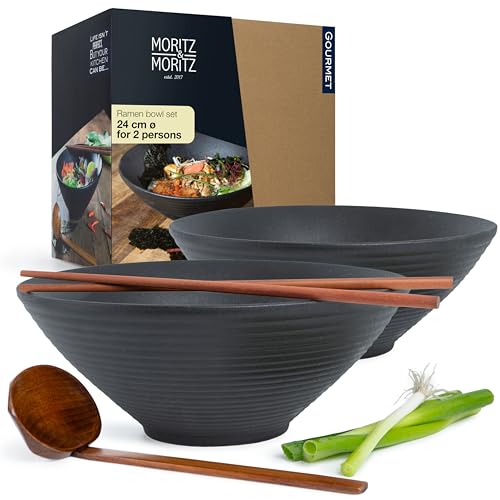 Moritz & Moritz Large Ramen Bowl Set of 2 - Ceramic Japanese Noodle Bowls 1300ml / 44 Oz - Ø 24cm - Matte Black - with Wooden Chopsticks & Spoons - Asian Soup Bowls for Ramen Pho Udon