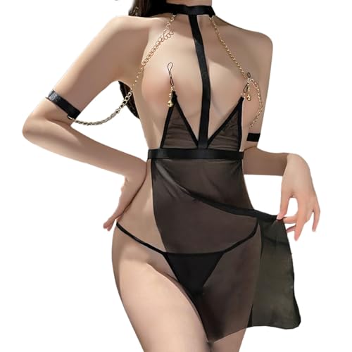 KONFEN Damen Erotik Dessous Set, Sexy Kette Nippel Clips Glocken Transparente Spitze Strappy Nachtwäsche-Sets, Verführerische SM Unterwäsche...