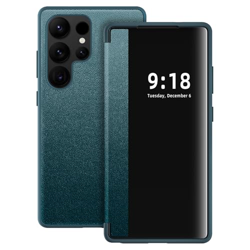 Coque Samsung S24 Ultra à rabat vert en silicone anti-choc avec fenêtre