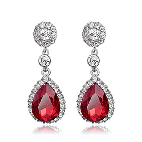 Gorgeous Austrian Cut Crystal Rhinestone Pierced Wedding Bridal Teardrop Drop Dangle Earrings (pierced-red)