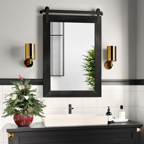 Image of COGOOD Bathroom Mirrors for Over Sink - 22 x 30 Farmhouse Barn Door Wall Mirror for Bathroom, Living Room, Entryway Wall Decor Black