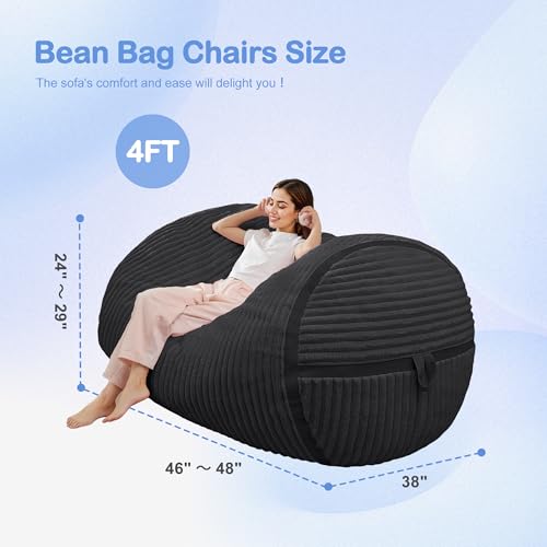 Image of 4FT Bean Bag Chair 4'Big Bean Bag Chairs with Adults, Large Beanbag Chair | Bean bag Lounger with Machine Washable Cover Corded Plush Fabric, Comfy Chairs for Living Room Bedroom Dorm, Black