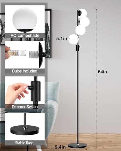 Image of Lightdot 64IN Dimmable Globe Floor Lamp, Black Standing Lamps with 4PCS 3000K Bulbs Included, Mid Century Modern Floor Lamp with 5Lbs Heavy Base for Living Room /Sofa Beside /Corner Decor