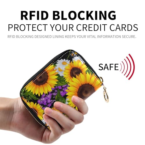 Zip Around Wallet for Women RFID Blocking Credit Card Holders Leather Zipper Travel Wallet with Key Ring Floral Vibrant Sunflowers2