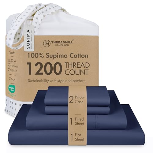 Image of Threadmill 1200TC Supima Cotton Full Sheet Set, Sateen, Folkstone Blue
