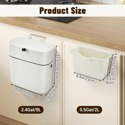 Image of 2 Pcs Hanging Trash Can with Lid, 2.4 & 0.5 Gallon Kitchen Compost Bin, Wall-Mounted Garbage Can, Small Trash Can Cabinet for Kitchen Cupboard Bathroom Bedroom Office Camping Rv