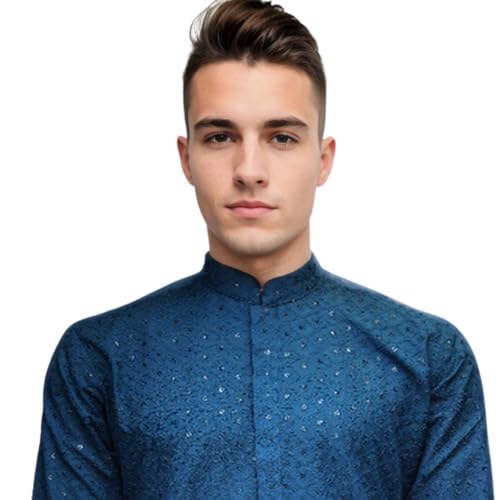 Mens Kurta Kurta Men Teal Embroidered Kurta with white straight pant Set, Mandarin Kurta pajama men4
