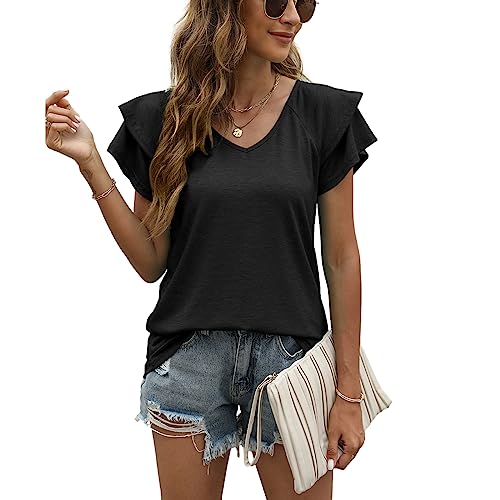 Camisetas Manga Corta Mujer con Volantes Blusas Mujer Verano Cuello en V Elegantes Mujer Tops (A-Negro,M)