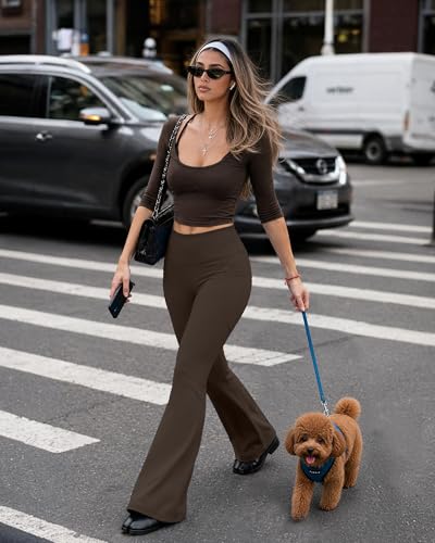 Image of COPYLEAF Womens Yoga Pants with Pockets High Waisted Flare Leggings Bell Bottom Yoga Dress Pants Seamless Bootcut Pants