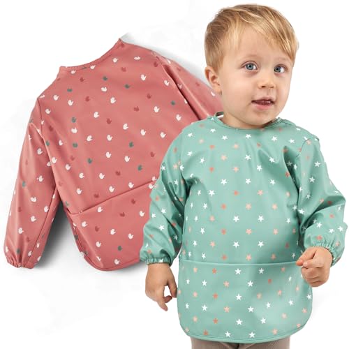 knorr-baby Juego de 2 baberos para bebé con mangas y bandeja, impermeables con mangas – Certificado Öko-Tex Standard 100, Verde Coral, Talla única