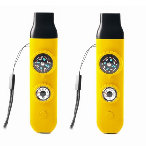 Viriber Emergency Survival Safety Whistle，Whistle for Kids with Lanyard,Compass,Thermometer,Ideal for Kayaking, Boating, Hiking, Camping, Climbing(Yellow 2pcs)