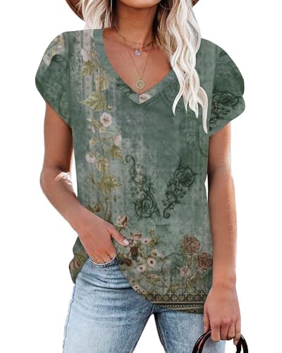 NARRAME t-Shirts pour Femmes, Manches Courtes d'été, Hauts à col en v pour Femmes À Fleurs Vert Rose Grand L 42-44