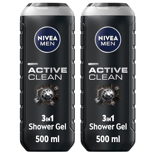 NIVEA MEN Active Clean 3in1 Shower Gel Cleans Body Face and Hair with Active Charcoal for Purified and Stimulating Skin for All Skin Types 2x500ml Pack of 2