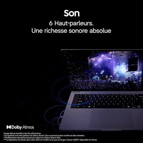 Samsung Galaxy Book6 Ultra 16", PC Portable IA, Processeur Intel Core Ultra 7, Mémoire 32 Go RAM, 1 to SSD, NVIDIA RTX 5070 GPU, Écran Tactile Dynamic AMOLED 2X, Autonomie Très Élevée, Anthracite
