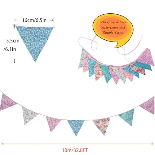 Image of Zwiebeco 32Ft Pink Blue Purple Floral Fabric Bunting Triangle Flag Cotton Flower Pennant Banner Decoration for Birthday Wedding Engagement Baby Shower Tea Party Spring Rustic Village Home Garden Decor