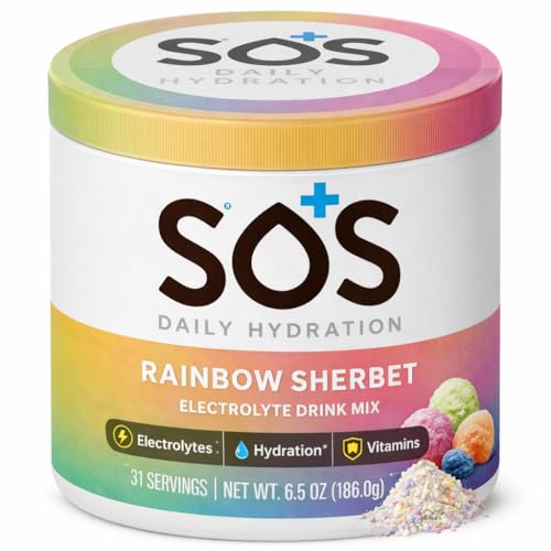 SOS Hydration Electrolyte Powder Drink Mix Rainbow Sherbet 31 Servings | Low Sugar Electrolytes 15 Cal | Keto Hydration Powder for Rapid Rehydration