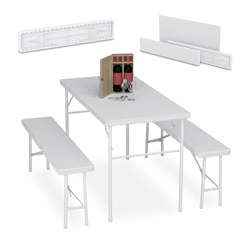 Relaxdays Ensemble Table Pliante et 2 bancs, pour Jardin, pavillon ou Camping, 120 cm, Aspect rotin, Blanc