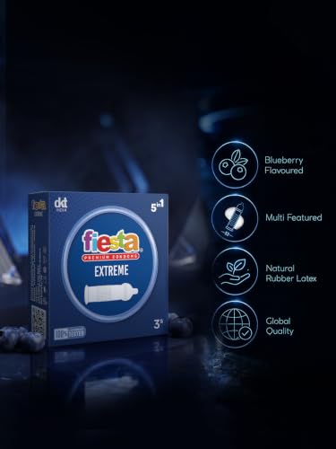 Image of Fiesta Extreme Condoms for Men (9 Pcs) | Pack of 3 x 3 each | 5in1 Features - Ribbed, Dotted, Flared, Contoured & Transparent for Natural Sensation | Lubricated Condoms | Blue Berry Flavour Condom