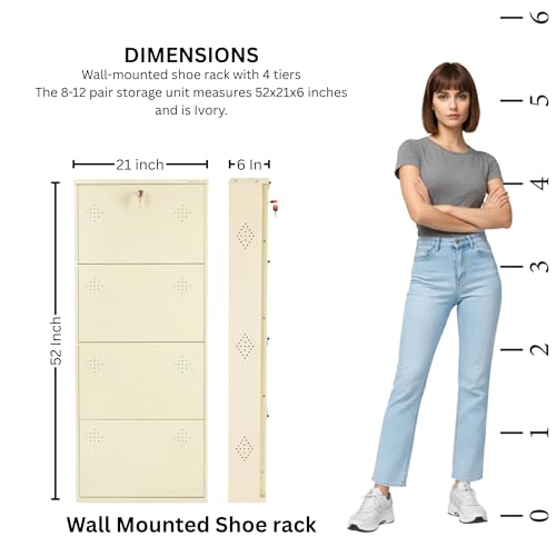 Image of 4 Door Wall Mounted Metal Shoe Rack Cabinet with Lock | Space Saving Shoe Storage Cabinet | Dustproof & Ventilated Shoe Organizer for Home, Entryway, Bedroom & Balcony | Ivory | 52 x 21 x 6 Inch