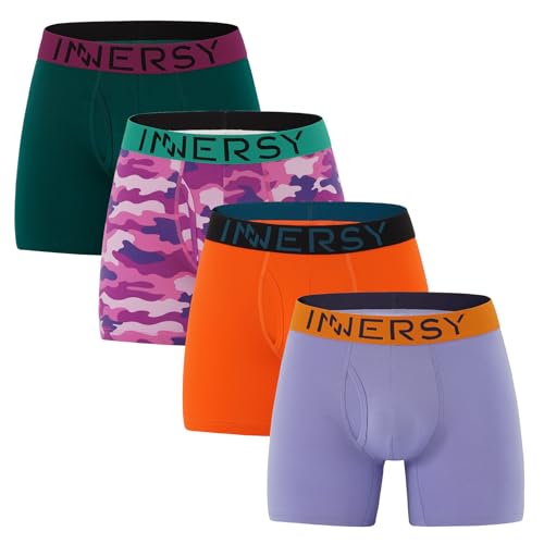 INNERSY Boxershorts Herren Bunte Unterhosen Männer Baumwolle Unterwäsche Retroshorts Mehrpack 4 (XXL, Grün/Orange/Lila/Tarnung)